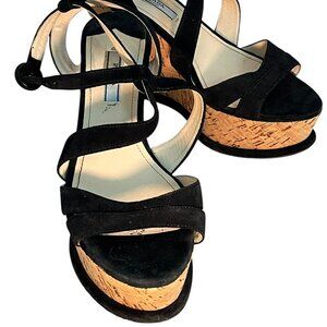 BLACK CORK SANDAL PLATFORM WEDGES PRADA HEELS WOMEN'S SIZE 38